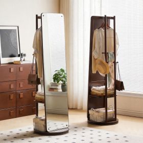 Rotating Full Length Mirror with Clothes Rack, Freestanding Solid Wood Storage Mirror for Bedroom Living Room