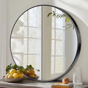 30" Wall Round Mirror with Crystal Clear Reflection, Convenient Hanging Hooks, and Premium Aluminum Alloy Construction, Black