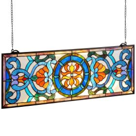 Stained Glass Window Panel, 35.1" x 12.9" Tiffany Style Hanging Transom Window Panel with Chain, Large Horizontal Rectangle Stain Glass