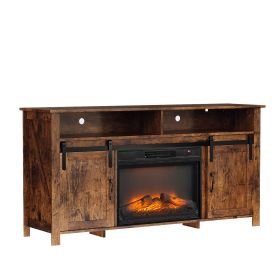 58" Weathered Barn Door Fireplace TV Stand for 23" Insert, Sliding Track Design